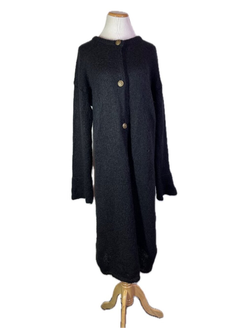 Vintage 1980s Accent On You 2X Black Fuzzy Knit Long Duster Cardigan Coat *Flaw